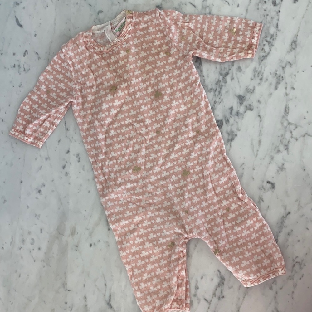 Bonpoint iconic baby onesie pajamas. 3 months. 4 leaf clovers.